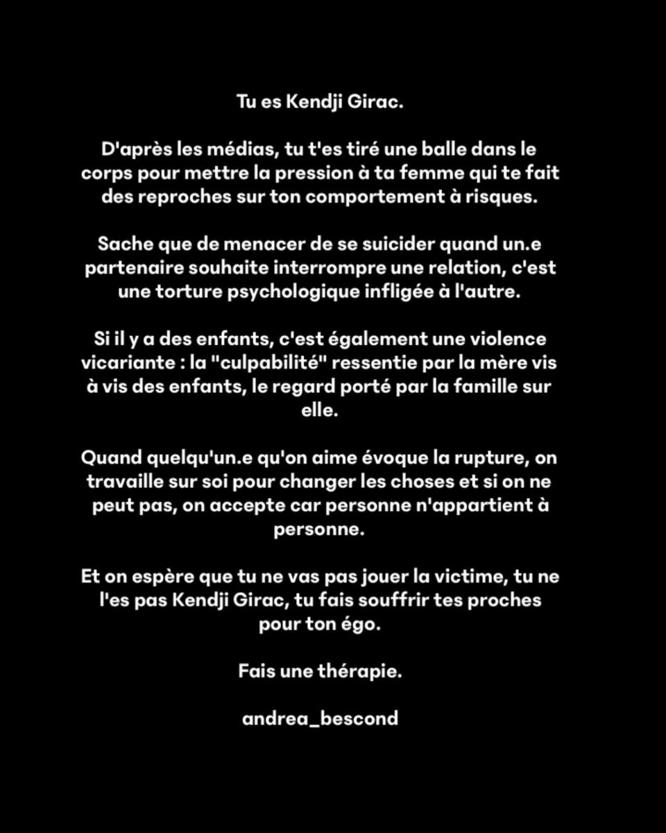 @VianneyMusique Un peu de prévention ? Non ce n'est pas du gossip. Chaque année des dizaines d'hommes se suicident en tuant leur conjointe auparavant, voire leurs enfants (ça, ça vous parle). Le chantage au suicide est grave, violent, traumatisant. #ViolencesConjugales #violendesintrafamiliales