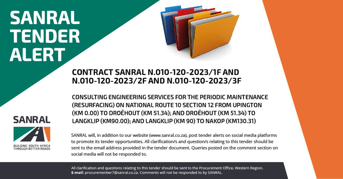 SANRAL TENDER ALERT N.010-120-2023/1F AND N.010-120-2023/2F AND N.010-120-2023/3F Tender Title: CONSULTING ENGINEERING SERVICES FOR THE PERIODIC MAINTENANCE (RESURFACING) ON NATIONAL ROUTE 10 SECTION 12... Link: bit.ly/3QfdebZ Contact : ProcurementWR7@sanral.co.za