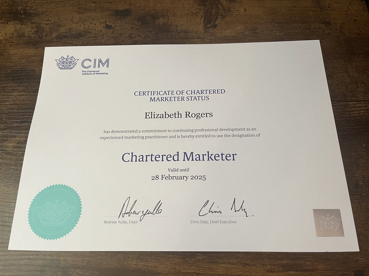 Look what arrived today from @CIMinfo ! After two qualifications with @OXCOM_Marketing, 12 years in marketing and two years’ CPD, I am officially a #CharteredMarketer 🤩