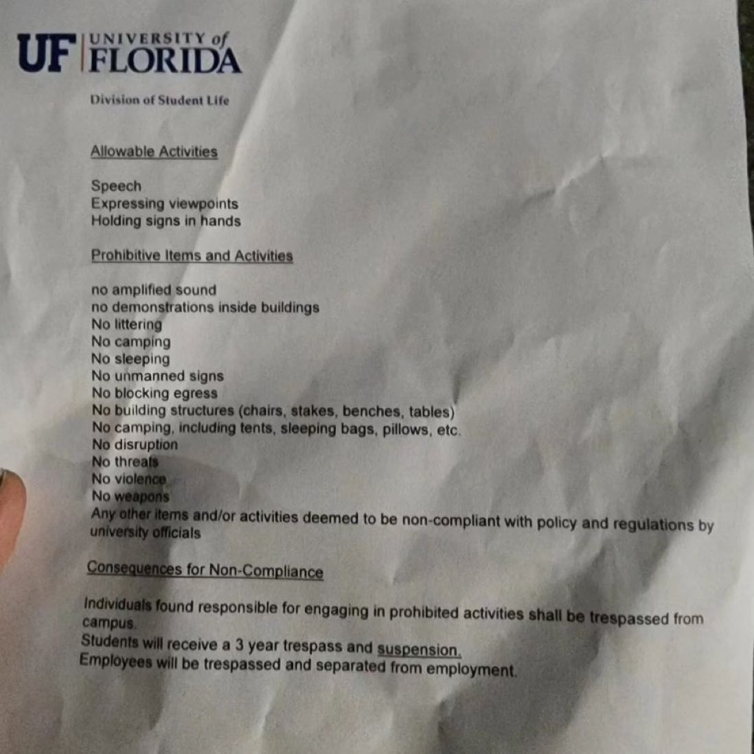 The University of Florida isn't messing around. Consequences for setting up a Gaza encampment: Students will be suspended and trespassed for THREE YEARS from the university. Employees will be trespassed and FIRED.