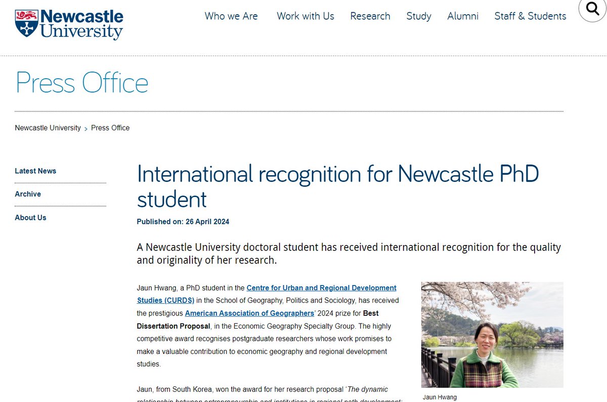 Very proud of Jaun Hwang, a PhD student I co-supervise with Andy Pike @CURDSNewcastle @NCL_Geography, for winning the 2024 'Best Dissertation Proposal' award by @theAAG Economic Geography Specialty Group! ncl.ac.uk/press/articles…