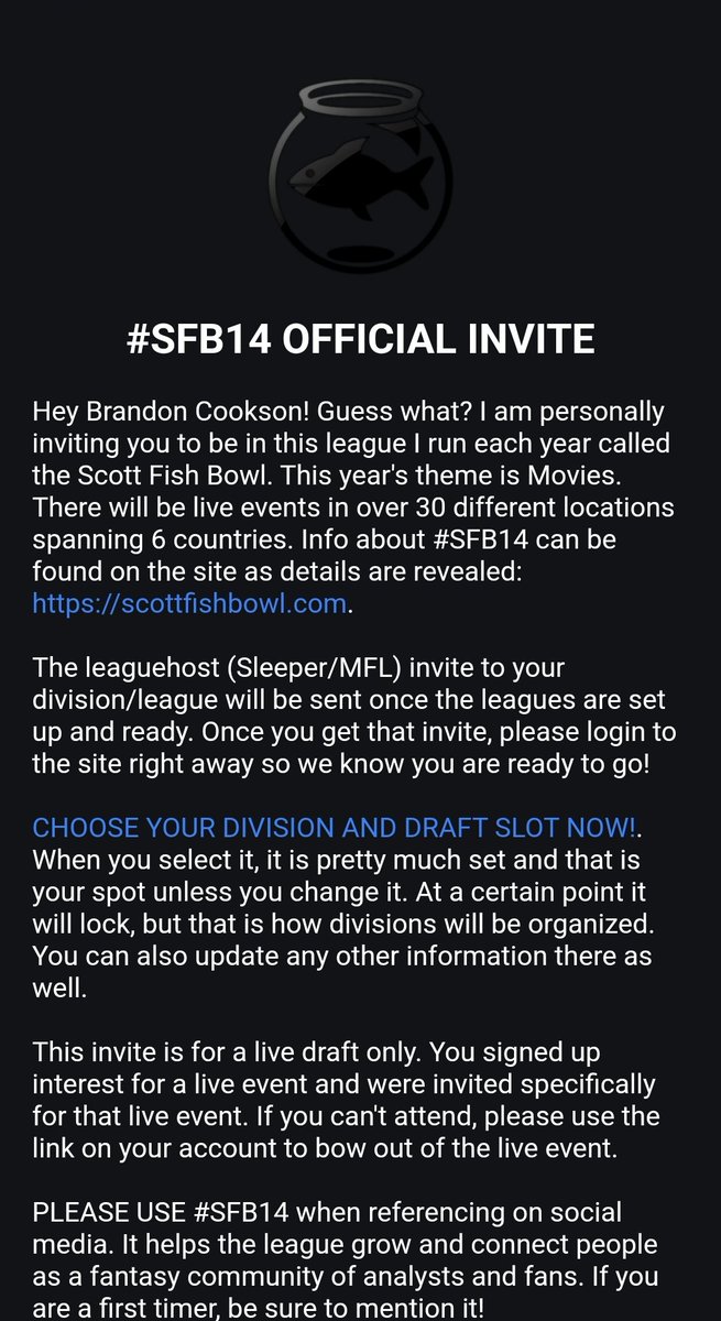 1st timer! Thanks for the invite @ScottFish24! Super excited to be drafting live for #SFB14 in Madison, WI!