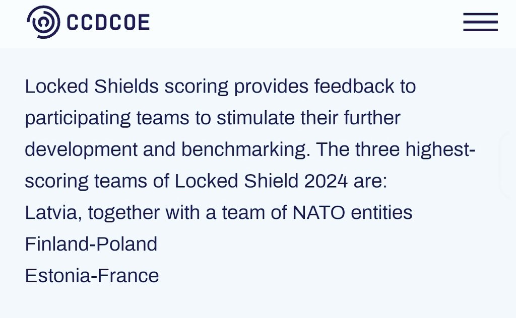 Proud to read 'Latvia' in same sentence with 'winning team'
(8
#LockedShields 🇱🇻
@ccdcoe 🌐
ccdcoe.org/news/2024/lock…
@edgarsrinkevics
#WinningTeam