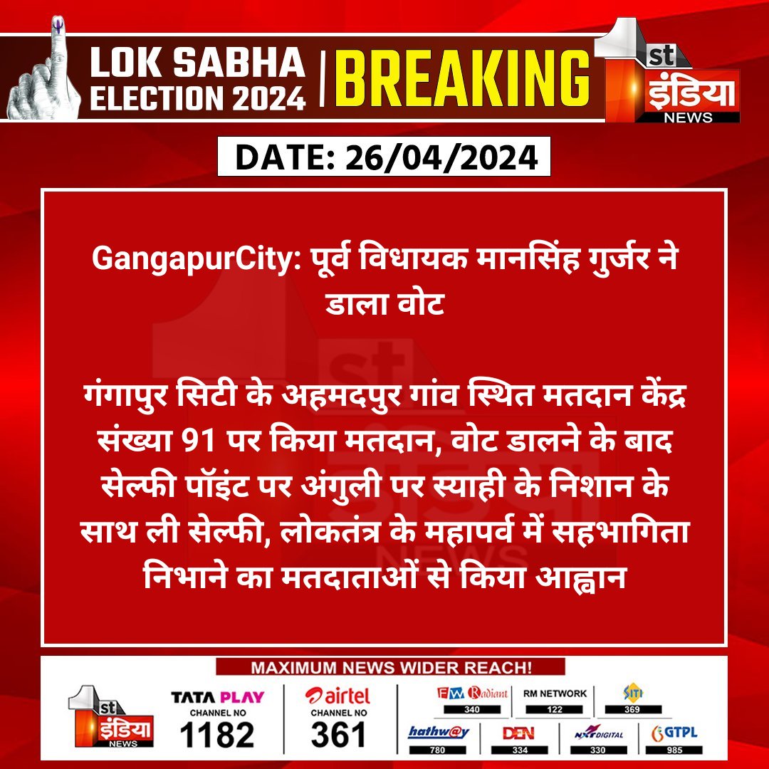 #GangapurCity: पूर्व विधायक मानसिंह गुर्जर ने डाला वोट गंगापुर सिटी के अहमदपुर गांव स्थित मतदान केंद्र संख्या 91 पर किया मतदान... #LokSabhaElections2024 #VotingDay #Elections2024 #ElectionOnFirstIndia #ElectionCommission #ElectionWithFirstIndia #लोकसभाचुनाव2024 #FirstIndiaNews…