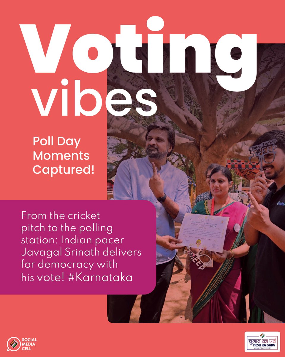 Score one for democracy!🏏 ✨ Indian cricket legend Javagal Srinath adds his vote to further democracy. Celebrate #ChunavaKaParv and #GoVote. #YouAreTheOne #DeshKaGarv #Elections2024 #IVote4Sure