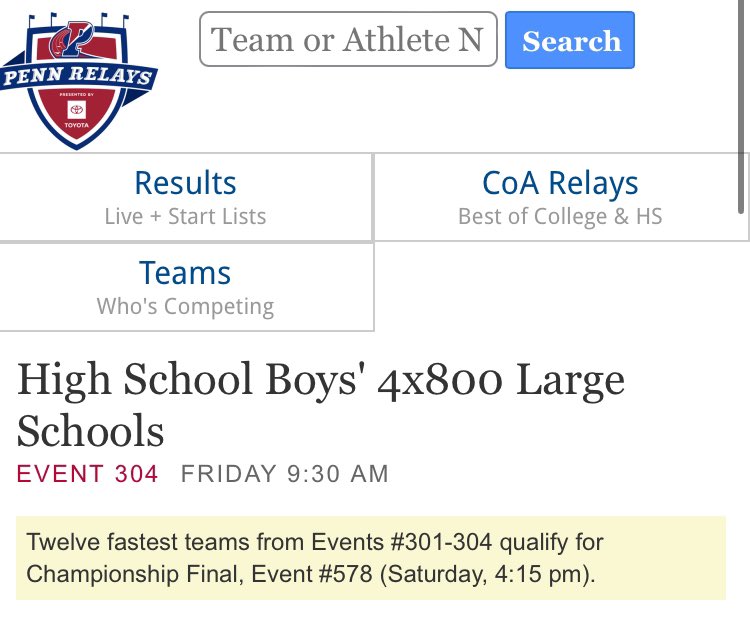 Check out our guys running the 4x800 today at the @pennrelays Connor, Chase, Eric and Cole run this morning at 9:30‼️ Attaway boys go get it today! Link for results : pennrelaysonline.com/Results/result…
