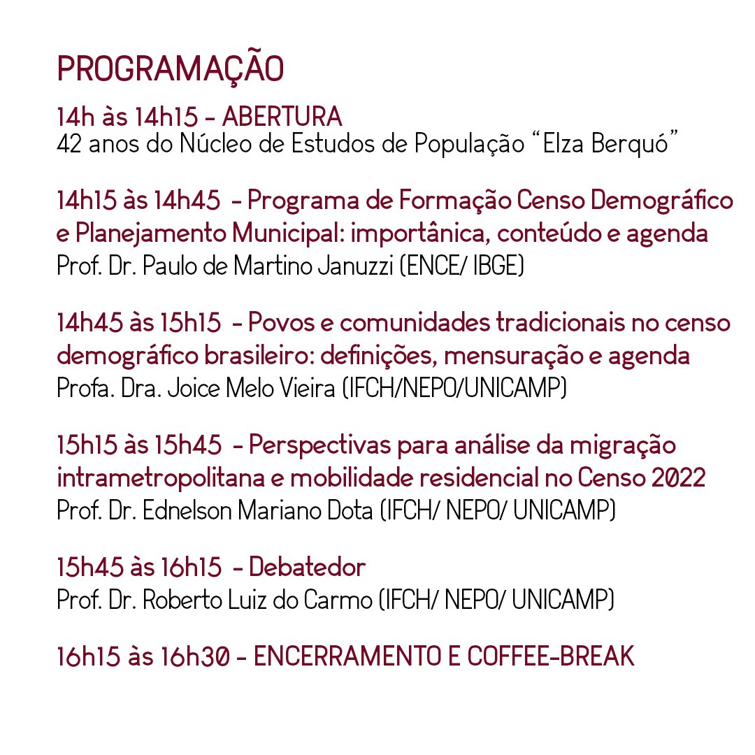 (1/2) No dia 20 de maio, uma segunda-feira, celebraremos os 42 anos do NEPO com um seminário que reflete sobre o Censo 2022.

Os Censos são as pesquisas demográficas com maior expressão no Brasil, são fontes importantes de dados de nossa população e desempenham (+)