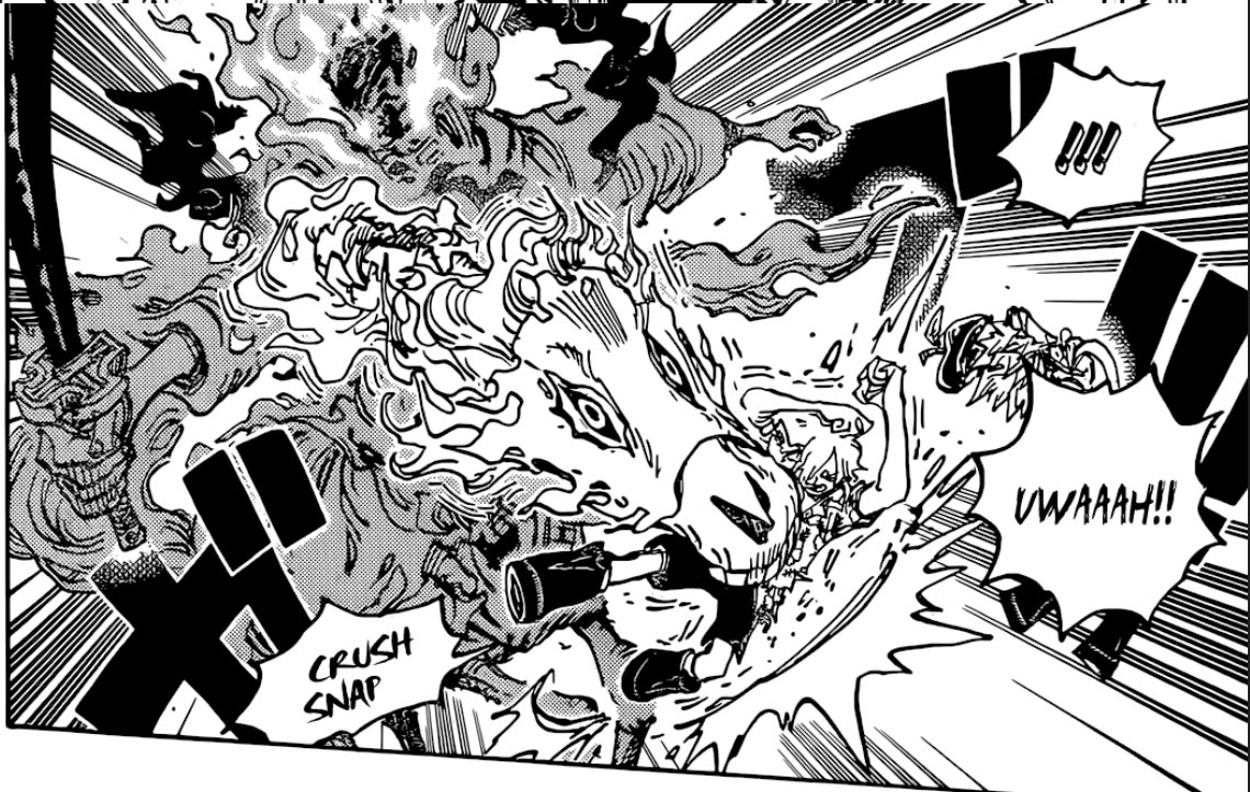 #ONEPIECE1113 This panel is highkey fire. That kick meant literally nothing to bro but the way oda depicted him transforming into the horse form is crazy. He was bout to fold sanji tho 😭😭