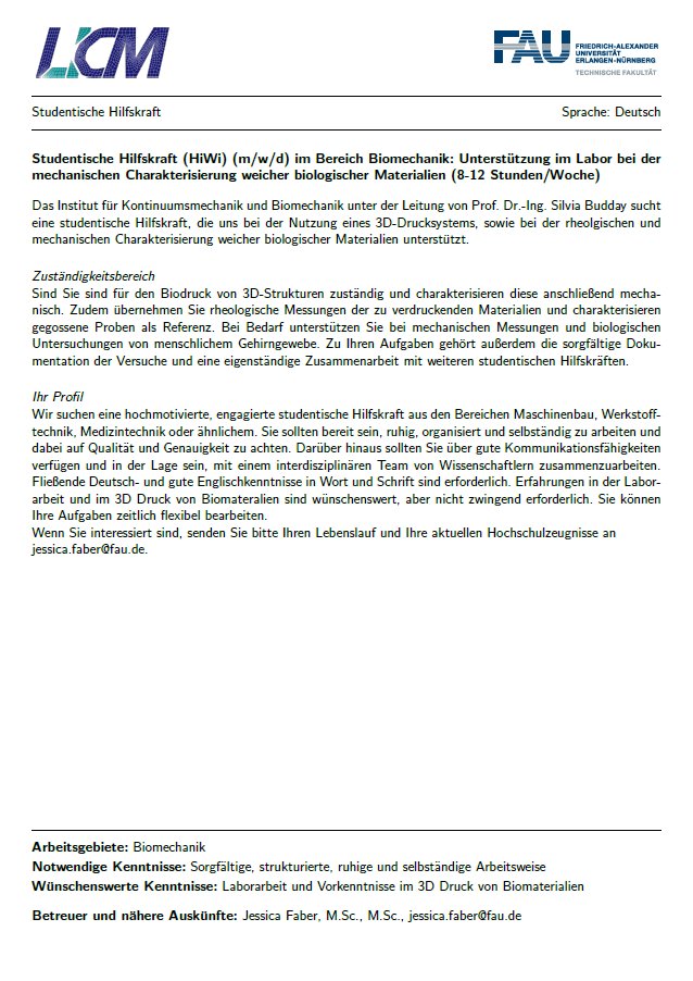 📢 Das Team Brainiacs sucht eine studentische  Hilfskraft (HiWi) (m/w/d) im Bereich Biomechanik zur Unterstützung im Labor bei der mechanischen Charakterisierung weicher biologischer  Materialien (8-12 Stunden/Woche).