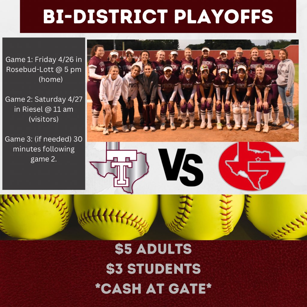 troysoftball1's tweet photo. Round 1! Come out and support! #weoverme #womenoftroy @TXPrepSoftball https://t.co/AWyV7JJeeW