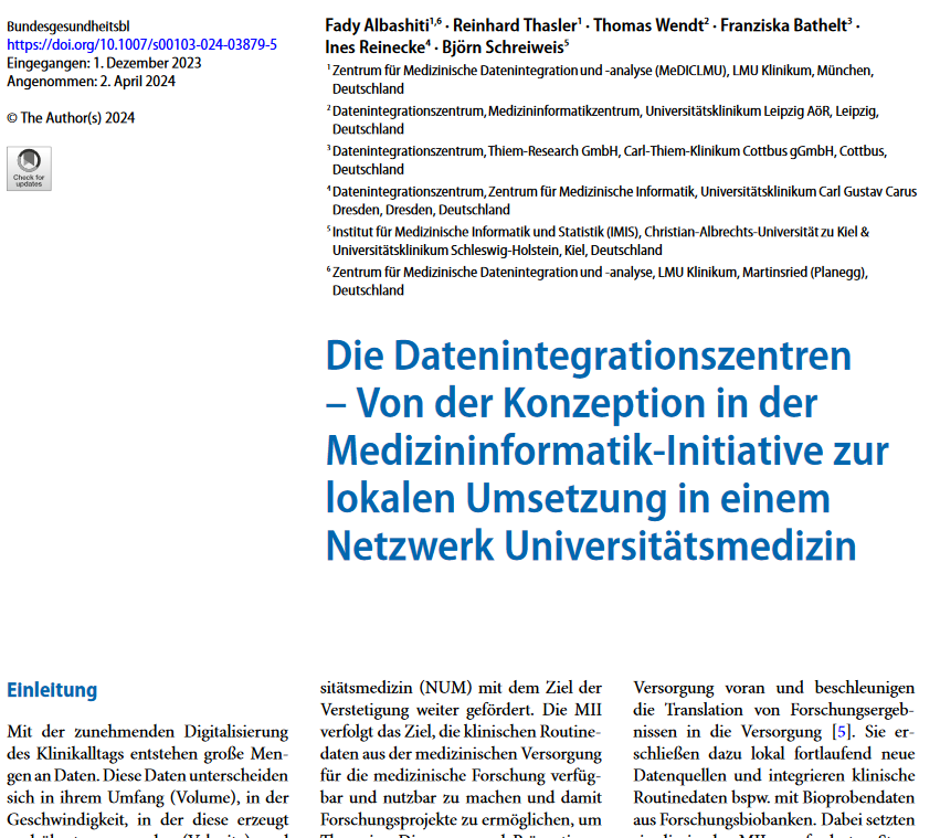 📢 #justpublished: 'Die Datenintegrationszentren – Von der Konzeption in der Medizininformatik-Initiative zur lokalen Umsetzung in einem Netzwerk Universitätsmedizin'. 
➡ In d. Publikation erfahren Sie mehr z. Organisation, Technik & Services der DIZ: 👉 bit.ly/3UjvaDE