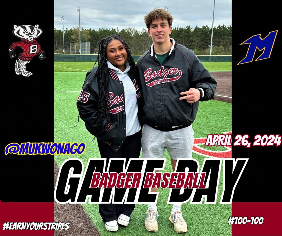 Let's Go!!!
It's Badger Baseball Game Day 🦡⚾️
#100-100 #earnyourstripes 
🆚 Mukwonago Warriors
🗓️ April 26, 2024
⏰ 4:30 Varsity - @ Mukwonago HS
       4:30 - JV1 - @ Jonas Field - Badger HS
       4:30 - JV2 - @ Mukwonago
@SLC_Wi
@lgbadger