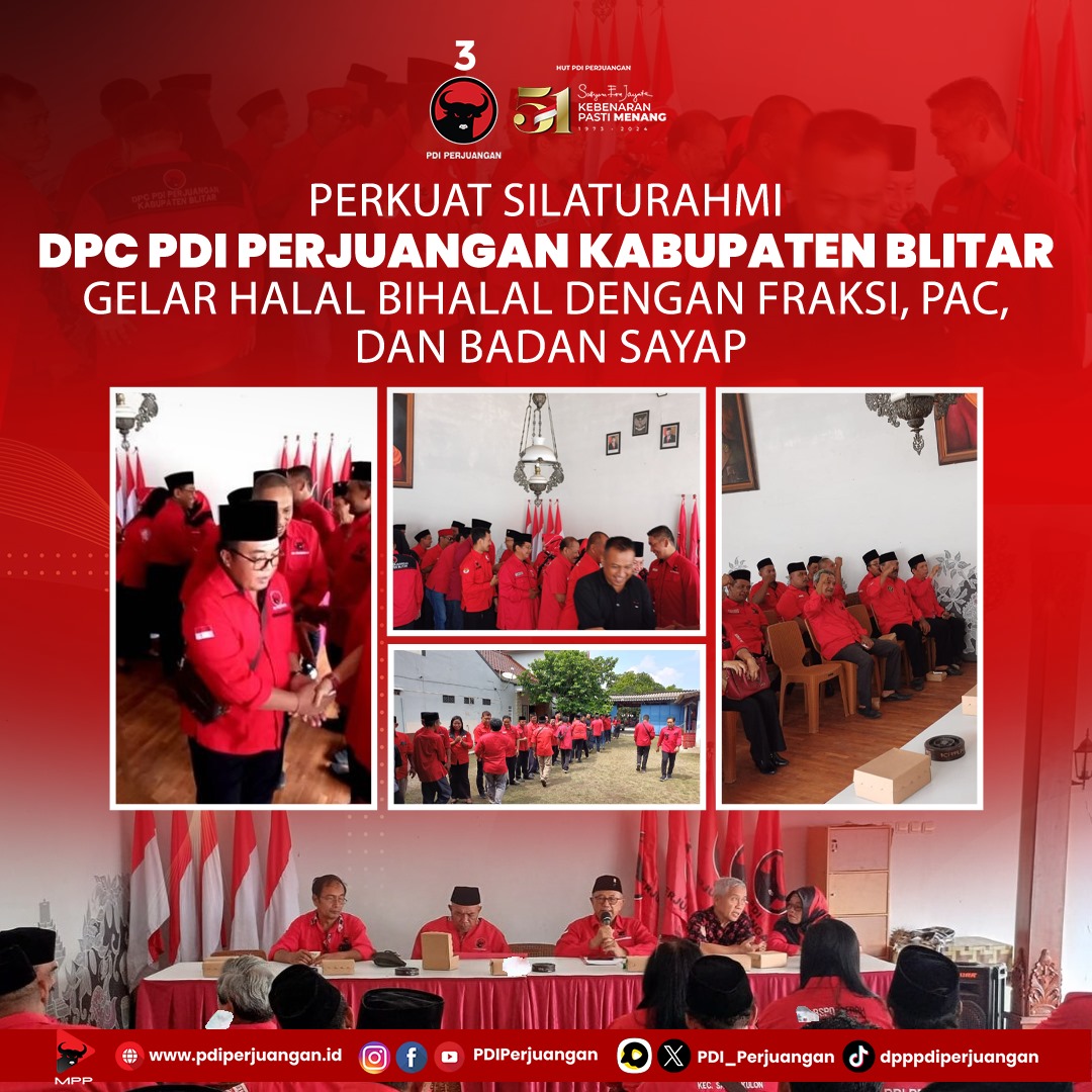 DPC PDI Perjuangan Kabupaten Blitar menggelar Halal Bihalal menyambut Hari Raya Idul Fitri bersama dengan Fraksi, PAC, dan Badan Sayap. Halal bihalal digelar di kediaman ketua DPC PDI Perjuangan Blitar, Rijanto. #PDIPerjuangan #M3nangkanRakyat #KebenaranPastiMenang…