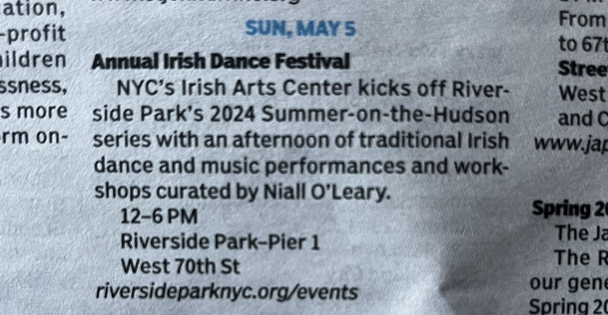 Annual Irish Dance Festival! Great to see this collaboration of @IrishArtsCenter and the multi-talented @nynynol on the calendar for May 5 at the impressive Riverside Park Pier1☘️