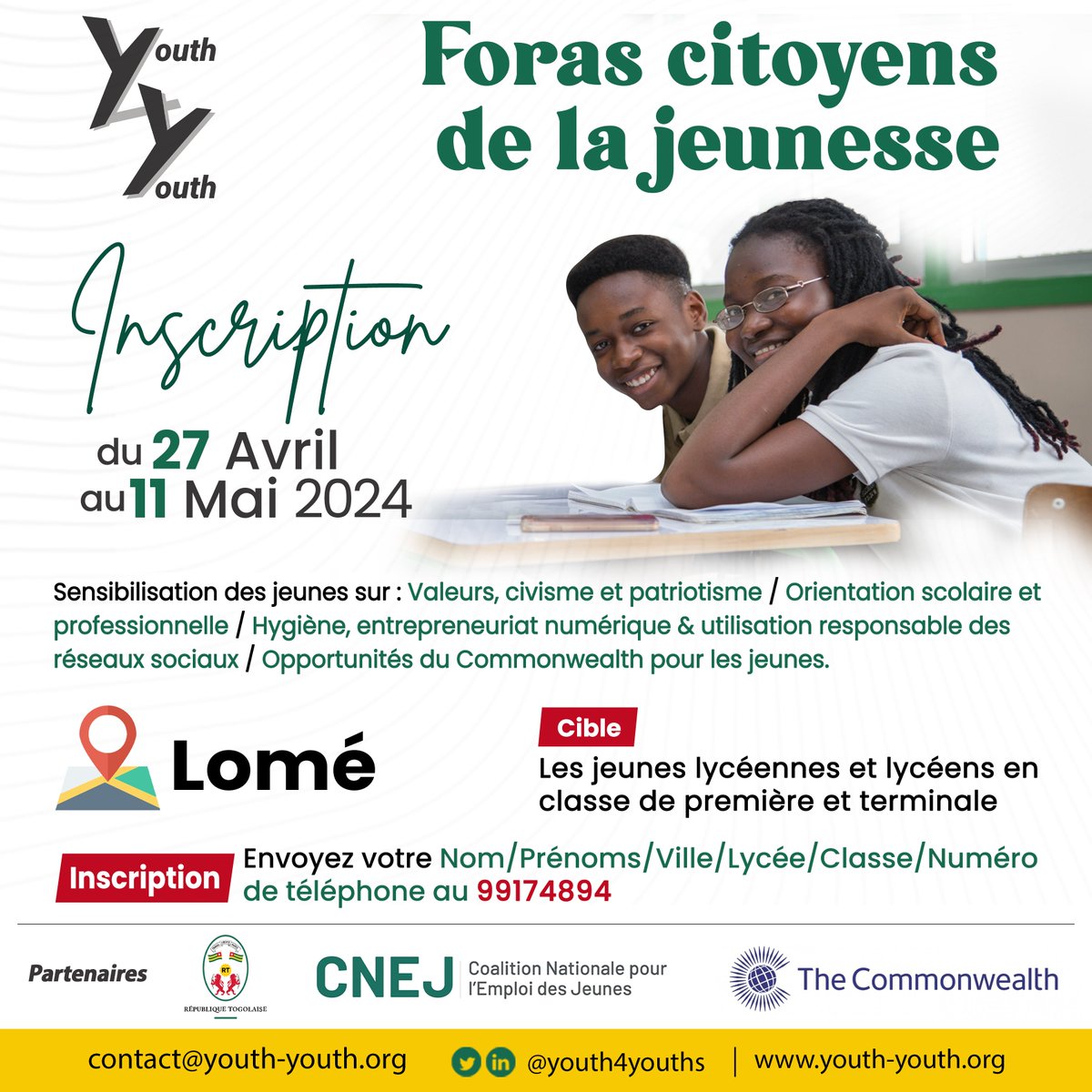 Vous l'attendiez depuis peu, enfin <a href="/YouthForYouth/">YouthForYouth</a> et  <a href="/CnejTgOfficiel/">CNEJ TOGO</a> en partenariat avec <a href="/commonwealthsec/">The Commonwealth</a> lancent les foras citoyens de la jeunesse.
Objectif : sensibiliser les jeunes lycéen(ne)s sur les valeurs citoyennes, l'orientation scolaire et l'entrepreneuriat numérique⤵️