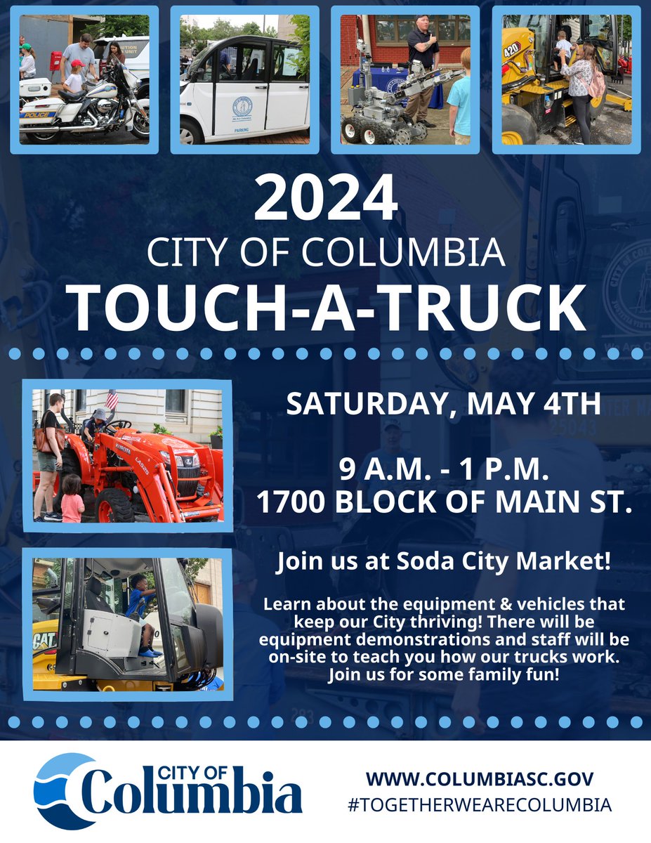 Touch-A-Truck is back! 🚚 

Join us at Soda City for a chance to learn about the equipment and vehicles that keep our City thriving with vehicle demos and staff to teach you how our trucks work!

🕐 9 A.M. - 1 P.M.
 📍 1700 Block of Main St.

#TogetherWeAreColumbia