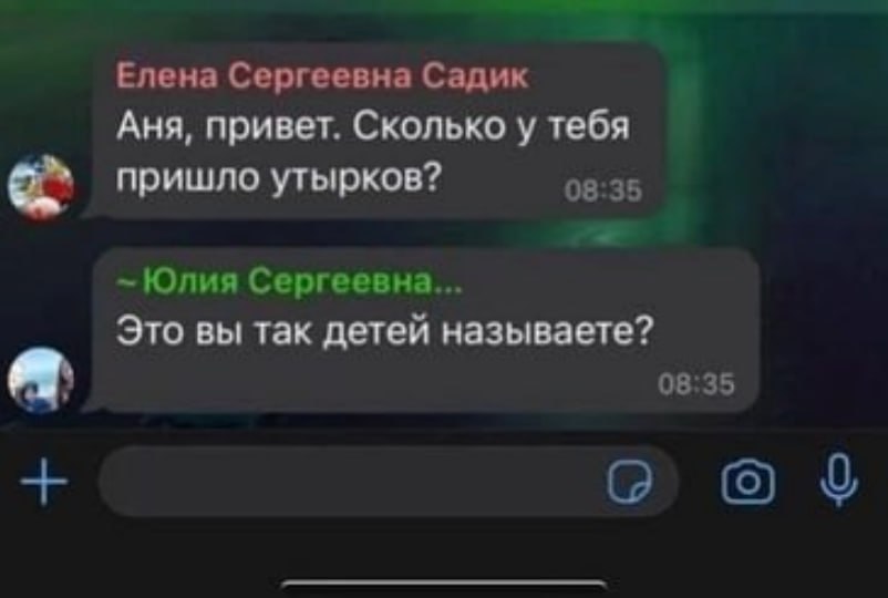 'Сколько у тебя утырков пришло?' Утро воспитателя детского сада в Свердловской области началось с такого вопроса коллегам. И всё бы осталось тайным, если бы не одно но: сообщение она отправила по ошибке в родительский чат. Героиня истории — Елена Сергеевна из посёлка ⬇️