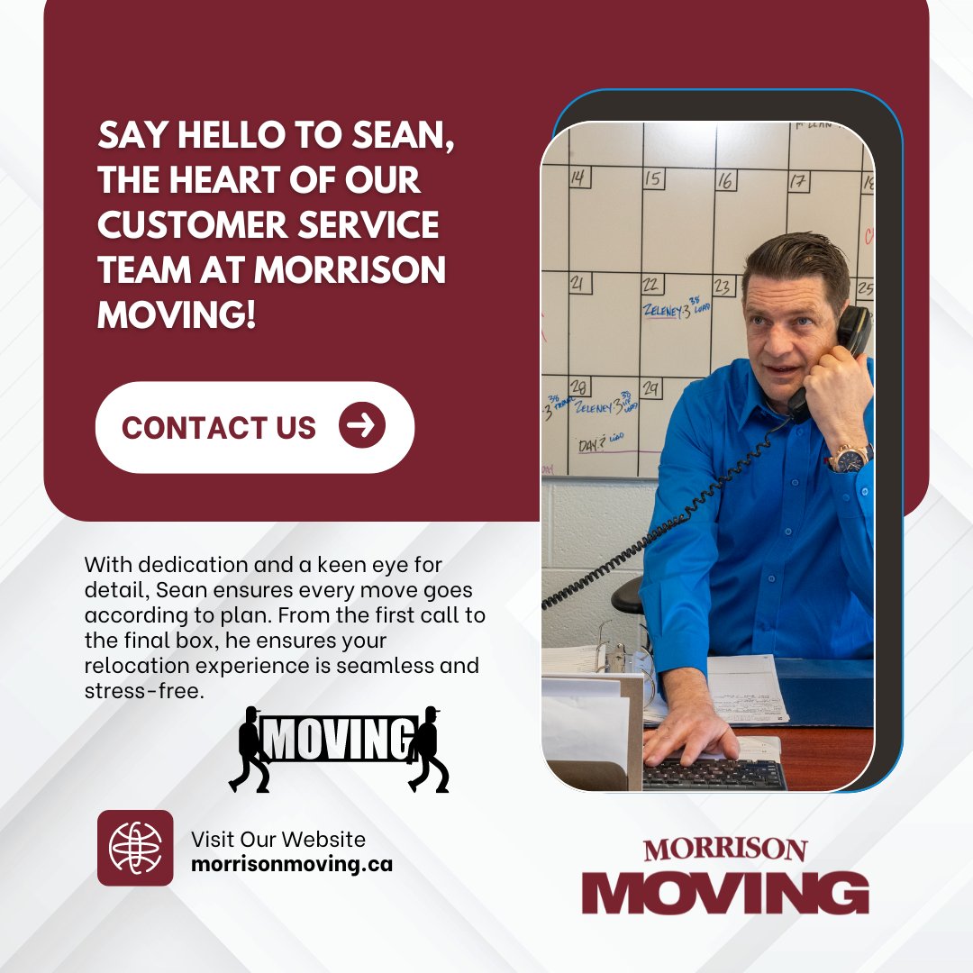 Say hello to Sean, the heart of our customer service team at Morrison Moving! 🌟💼 With dedication and a keen eye for detail, Sean ensures every move goes according to plan. From the first call to the final box, he ensures your relocation is stress-free. morrisonmoving.ca