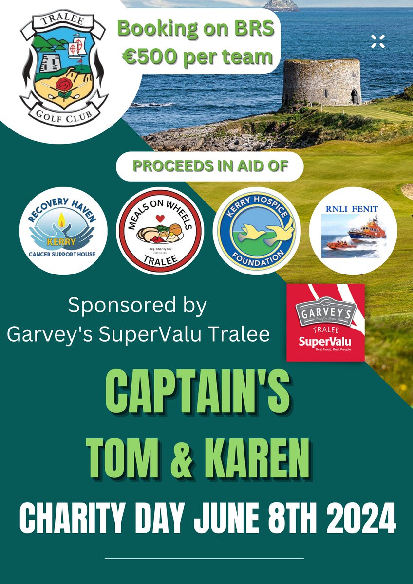 Our Captain's Tom O' Driscoll & Karen Gearon Charity Day, date has been set for June 8th 2024. A special thanks to our sponsor Garvey's SuperValu Tralee. You can book your team via the link at below. tinyurl.com/TGLCC23