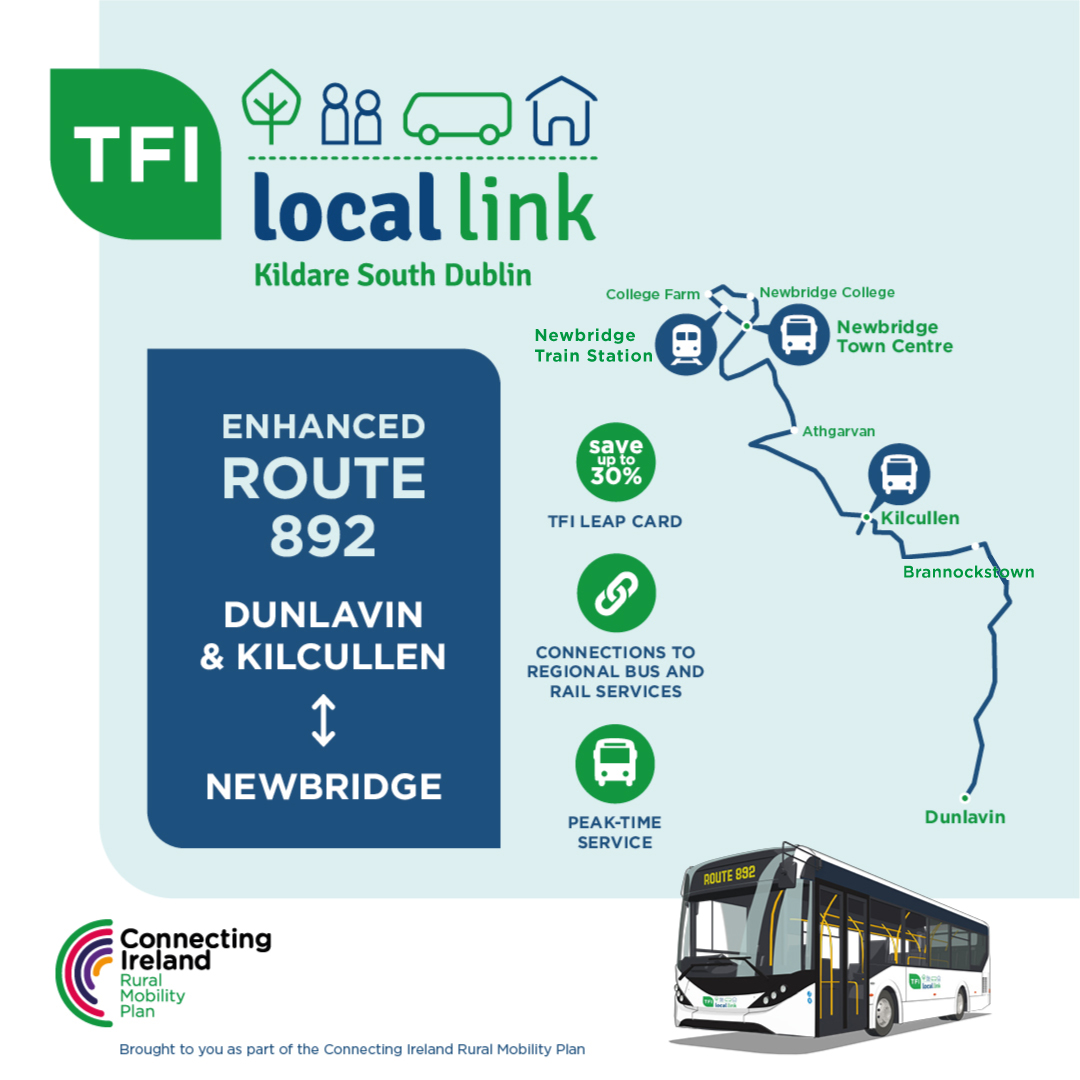 From May 7th, enhanced TFI Local Link Route 892 will now extend to Dunlavin and operate 8 daily return services, with 4 services extending to Dunlavin, Monday to Saturday and 7 daily return services, with 3 services extending to Dunlavin, on Sunday. Visit ow.ly/Xvat50RoYLV