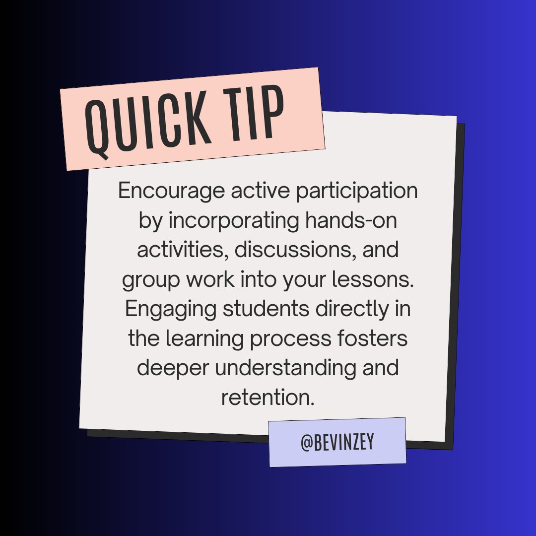 Boost Student Engagement with This Quick Tip! 💬 Encourage hands-on activities, discussions, and group work to make learning interactive and memorable. Dive into our latest post for actionable strategies! 
#ActiveLearning #EngagingLessons #StudentParticipation #EducationTips