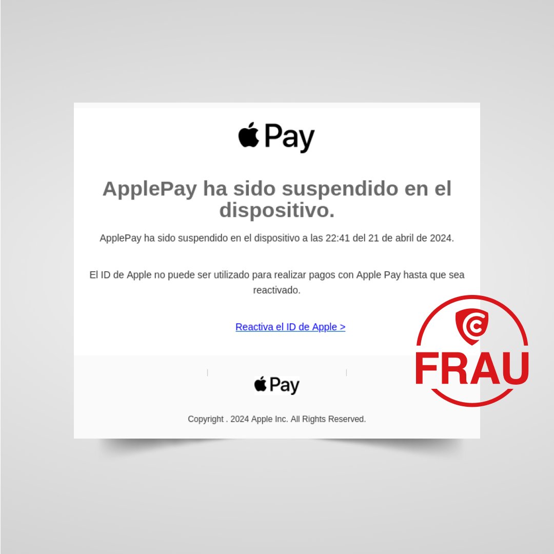 🚨 Detectada una campanya de suplantació d’identitat d’@Apple. Si has rebut un correu electrònic on diu que l’Apple Pay ha estat suspès en el teu dispositiu, esborra’l i marca’l com a correu brossa🗑️ 🎣 És un #phishing que vol aconseguir les teves dades bancàries!