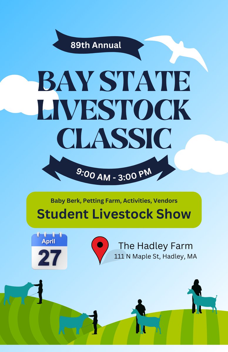 UMass Veterinary and Animal Sciences Dept (@umassvasci) on Twitter photo Hope to everyone tomorrow (Sat 4/27) at the Bay State Livestock Classic!
The Hadley Farm is open to the public from 9am to 3pm, bring friends and family!
Chicken, goat, sheep, and cattle shows and a petting farm. Baby Berk will be there for food!
<a href="/UMassAmherst/">UMass Amherst</a> <a href="/CNS_UMass/">College of Natural Sciences at UMass Amherst</a> Hope to everyone tomorrow (Sat 4/27) at the Bay State Livestock Classic!
The Hadley Farm is open to the public from 9am to 3pm, bring friends and family!
Chicken, goat, sheep, and cattle shows and a petting farm. Baby Berk will be there for food!
<a href="/UMassAmherst/">UMass Amherst</a> <a href="/CNS_UMass/">College of Natural Sciences at UMass Amherst</a>