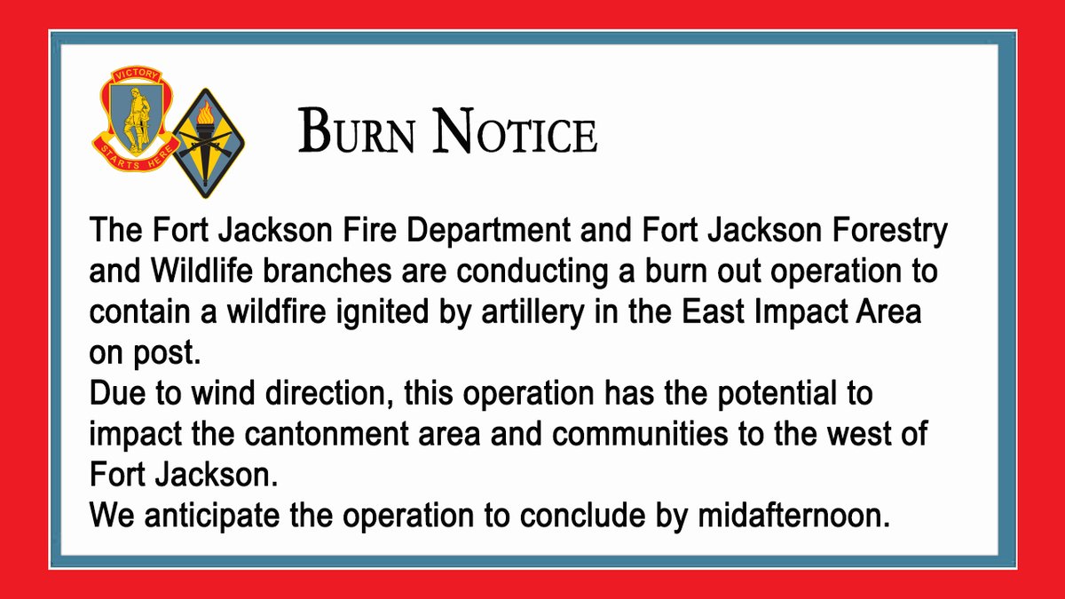 The Fort Jackson Fire Department, Forestry and Wildlife branches are conducting a burn-out operation to contain a wildfire ignited by artillery in the East Impact Area on post. We anticipate the operation to conclude by midafternoon.