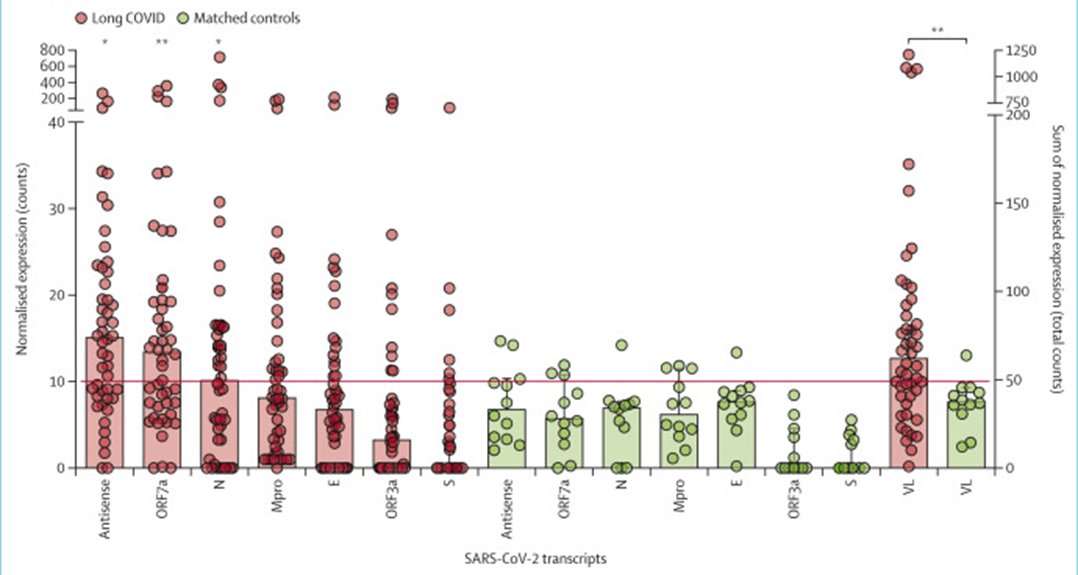 johanvawe's tweet image. Looking at viral RNAs above cutoff (red line below) comparing patients and controls: antisense (65% vs 25%), ORF7a (60% vs 25%), Nucleocapsid (50% vs 8%), total blood viral load (60% vs 8%). Remarkably, Spike RNA was low in all cases =infection not vaccine-derived