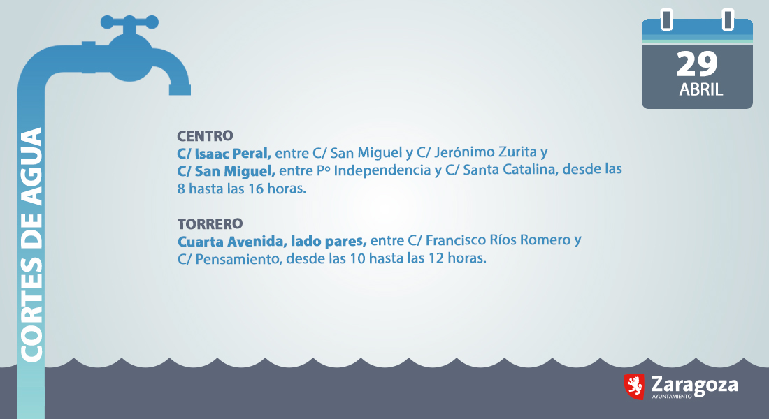 💧Cortes de agua programados en #Zaragoza para el lunes 29ABR. La duración es aproximada, se retomará el suministro en cuanto sea posible. Más info. 976 721 550 / 539 Si quieres que te informemos (por SMS o mail) de los cortes que puedan afectarte > bit.ly/30HB8BV
