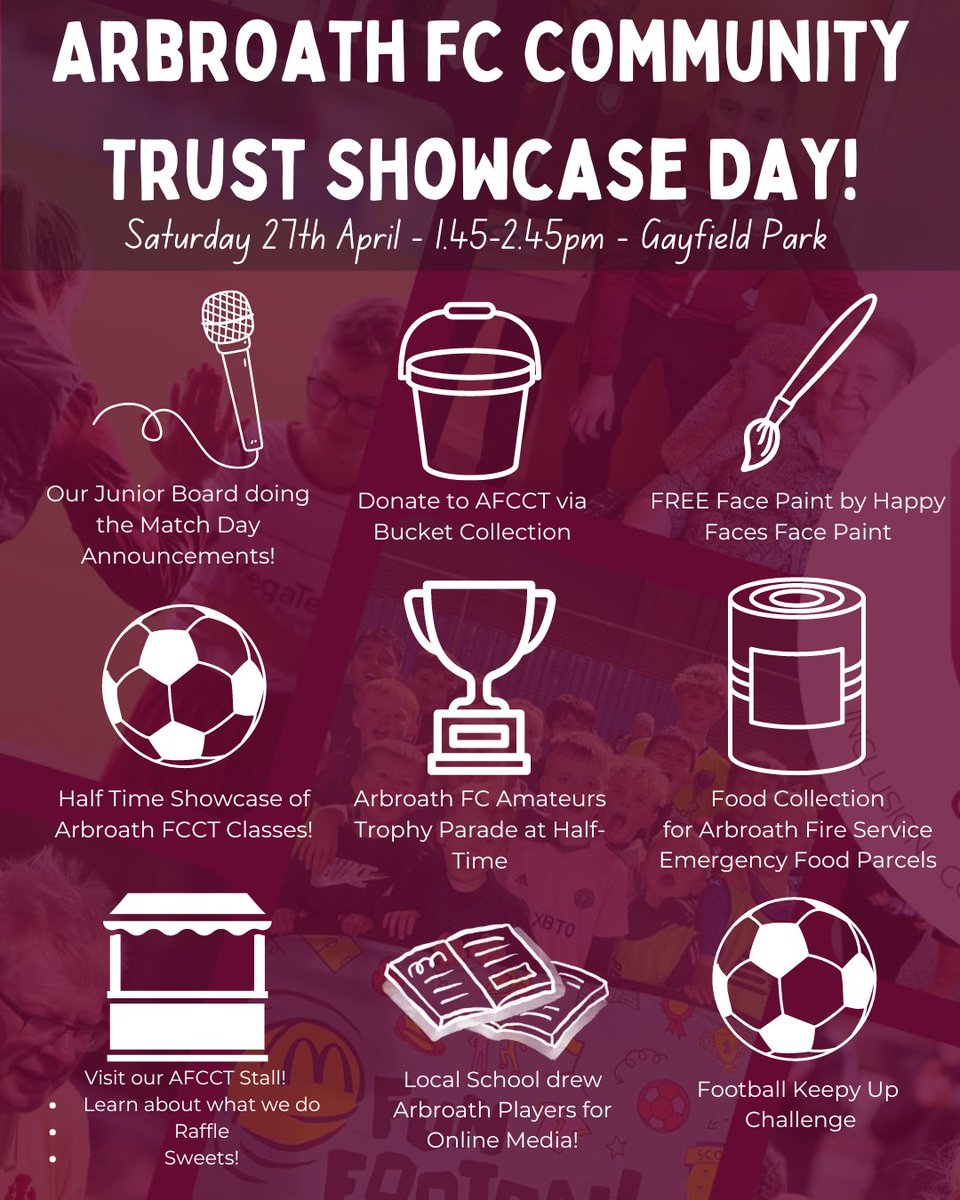 𝐀𝐫𝐛𝐫𝐨𝐚𝐭𝐡 𝐅𝐂𝐂𝐓 𝐒𝐡𝐨𝐰𝐜𝐚𝐬𝐞 𝐃𝐚𝐲! On Saturday, we will be celebrating Arbroath FC Community Trust at the final home game of the season! 🎪Free Face Paint 🥫Food Donations wanted. ⚽Halftime Football 🤝Learn more about us!
