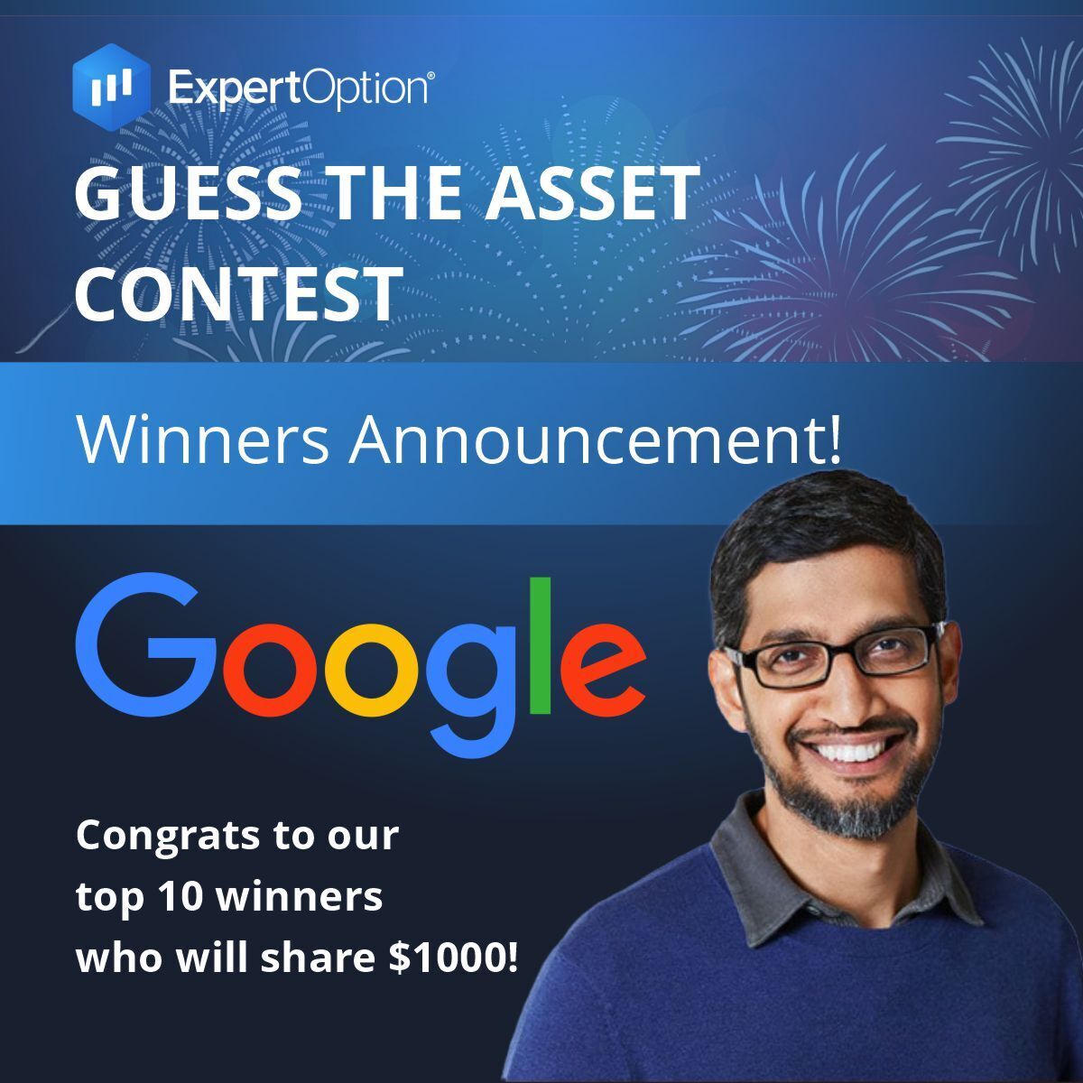 A big thank you to everyone who participated in our Guess the Asset Contest! And congrats to our 10 winners — each getting a well-deserved $100 bonus!
Stay tuned for more contests in the future. Your next chance to shine may be just around the corner!

Join ExpertOption: