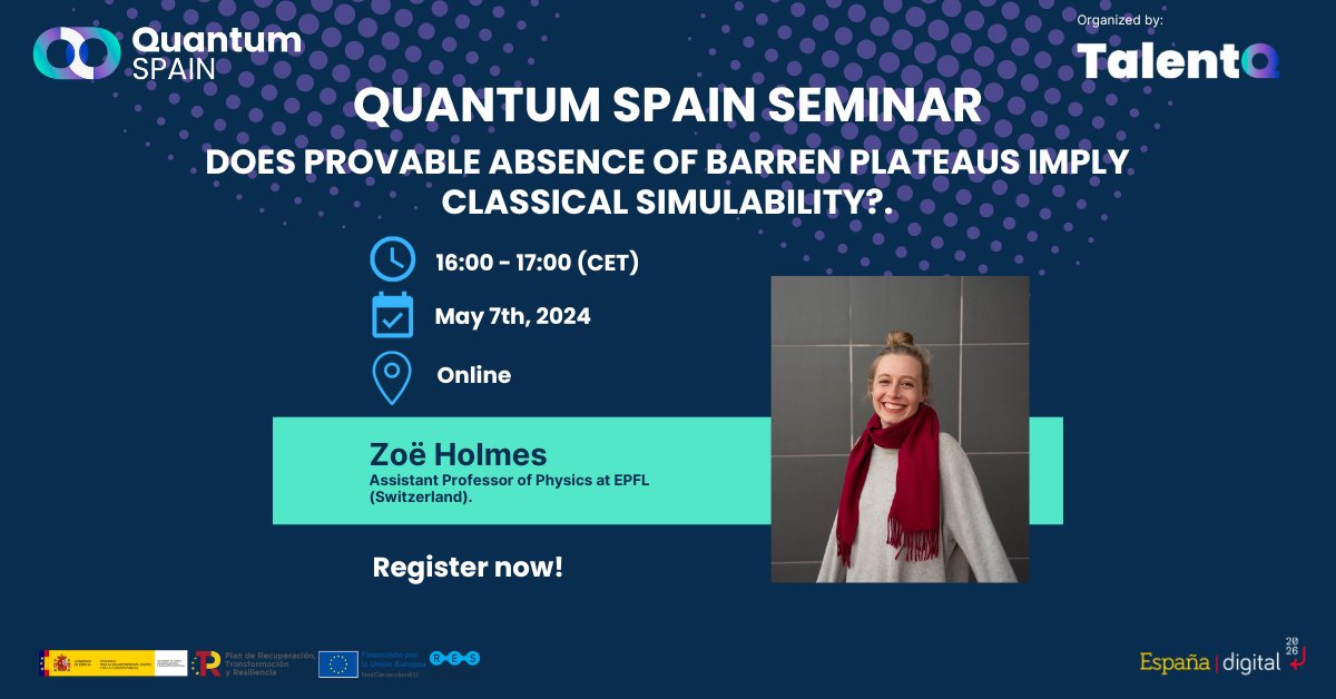 Join us on May 7th for an online seminar on barren plateau phenomenon by Dr. @qZoeHolmes, Associate Professor of Physics at @EPFL_en. 💻💫Register here: shorturl.at/tDNZ9