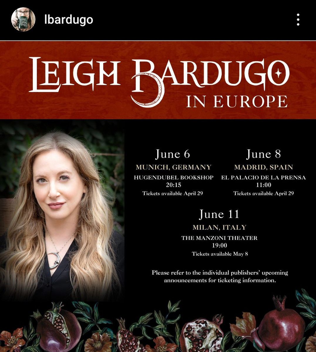 #LeighBardugo

⚠️ATENCIÓN⚠️

La autora del #Grishaverso y #ElFamiliar viene a MADRID el próximo 8 de junio.

La firma será con tickets que salen el 29 de ABRIL con @EdHidra.