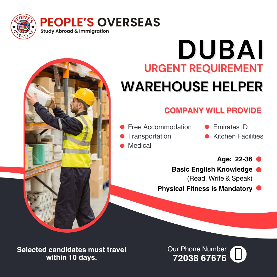 Dubai Urgent Requirement | Warehouse Helper

✅ Company will provide.
👉 Free Accommodation
👉 Transportation
👉 Medical
👉 Emirates ID
👉 Kitchen Facilities
✅ Selected candidates must travel within 10 days.

Hurry up, Call Now!
+91 72038 67676
.
.
.
#DubaiJobs #WarehouseHelper