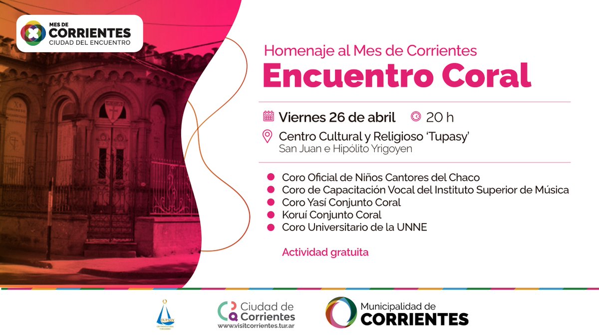 municorrientes's tweet photo. En homenaje al #MesDeCorrientes las familias disfrutarán del 'Encuentro Coral' 🎼 En el Centro Cultural y Religioso 'Tupasy' participarán el Coro Oficial de Niños Cantores del Chaco, Yasí Conjunto Coro, y otros destacados coros de la ciudad 🎤Desde las 20 ¡los esperamos! 🙌 https://t.co/CZFyj7HXKa
