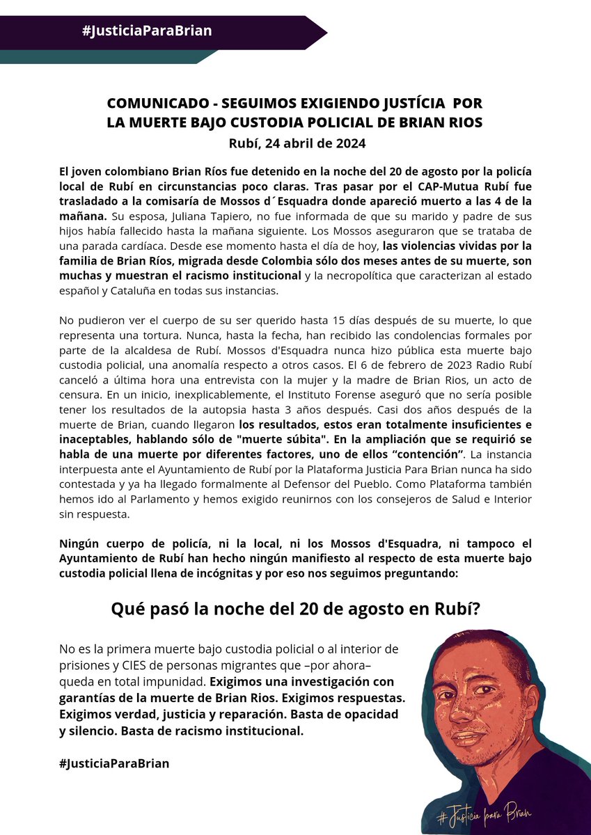 #COMUNICADO | Compartimos el comunicado que hicimos público en la concentración de este miércoles 24A en la plaza del ayuntamiento de @AjRubi. 

📢Seguimos exigiendo #JusticiaParaBrian
Basta de #RacismoInstitucional
#LasVidasMigrantesImportan

🔄Comparte, difunde!