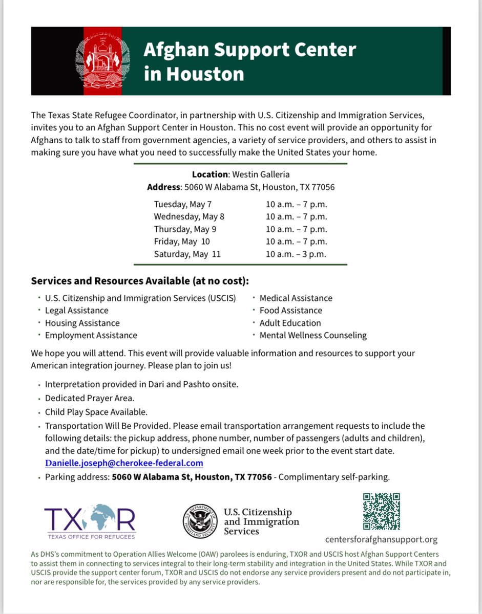 Afghans in Texas! The Afghan Support Center tour is coming to Houston, May 7-11. If you have a pending immigration case and questions for CARE or @USCIS, I recommend you address them in person.