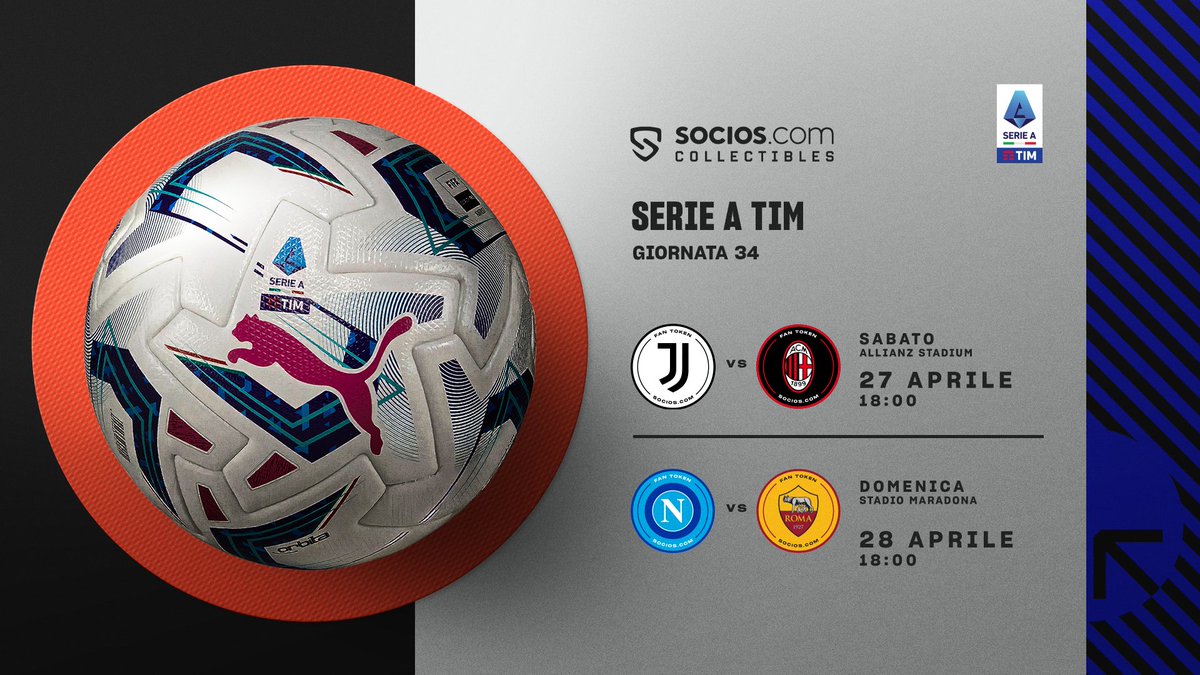 ⏳ Hai ancora la possibilità di possedere i palloni dei goal segnati in @SerieA con 2 Socios.com Derby in arrivo: 🏟️ @juventusfc v @acmilan e @sscnapoli v @OfficialASRoma Esplora le aste! ➡️ bit.ly/SociosHub #SociosCollectibles #RewardYourPassion