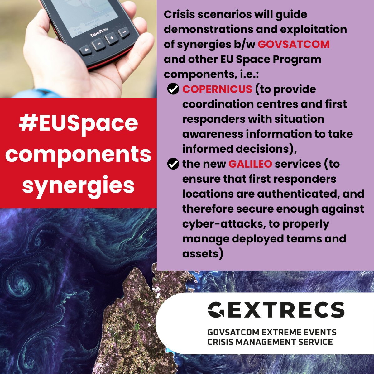 🔄Synergies b/w #Copernicus #EO & #Galileo #GNSS have already shown efficiencies, but synergies of these 🇪🇺#EUSpace components w/ #GOVSATCOM are far of being demonstrated yet. Highlighting these synergies through demo scenarios is #GEXTRECS priority⏬
#HorizonEU #crisismanagement