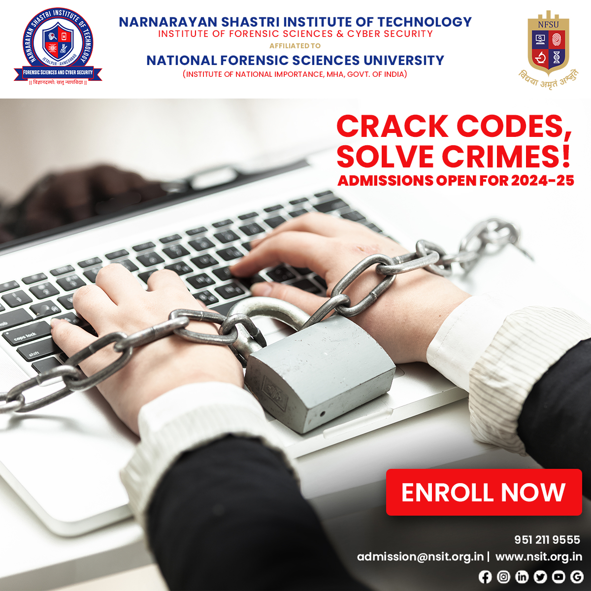 Enroll yourself in Forensic Science & #Cybersecurity to Crack Codes and Solve Crimes!

#nsit #nsitjetalpur #digitalforensics #ForensicScience #forensics #ahmedabad #AdmissionOpen #ifscs #security #technology #cybercrime #privacy #college #student #education #students