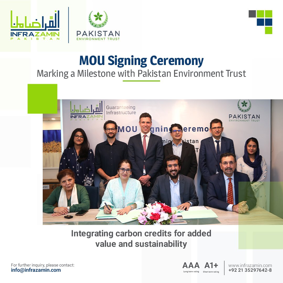 InfraZamin Pakistan and @PakEnvironment_ (PET) signed an MoU to tackle Pakistan’s environmental challenges by integrating #carboncredits for added value and #sustainability.