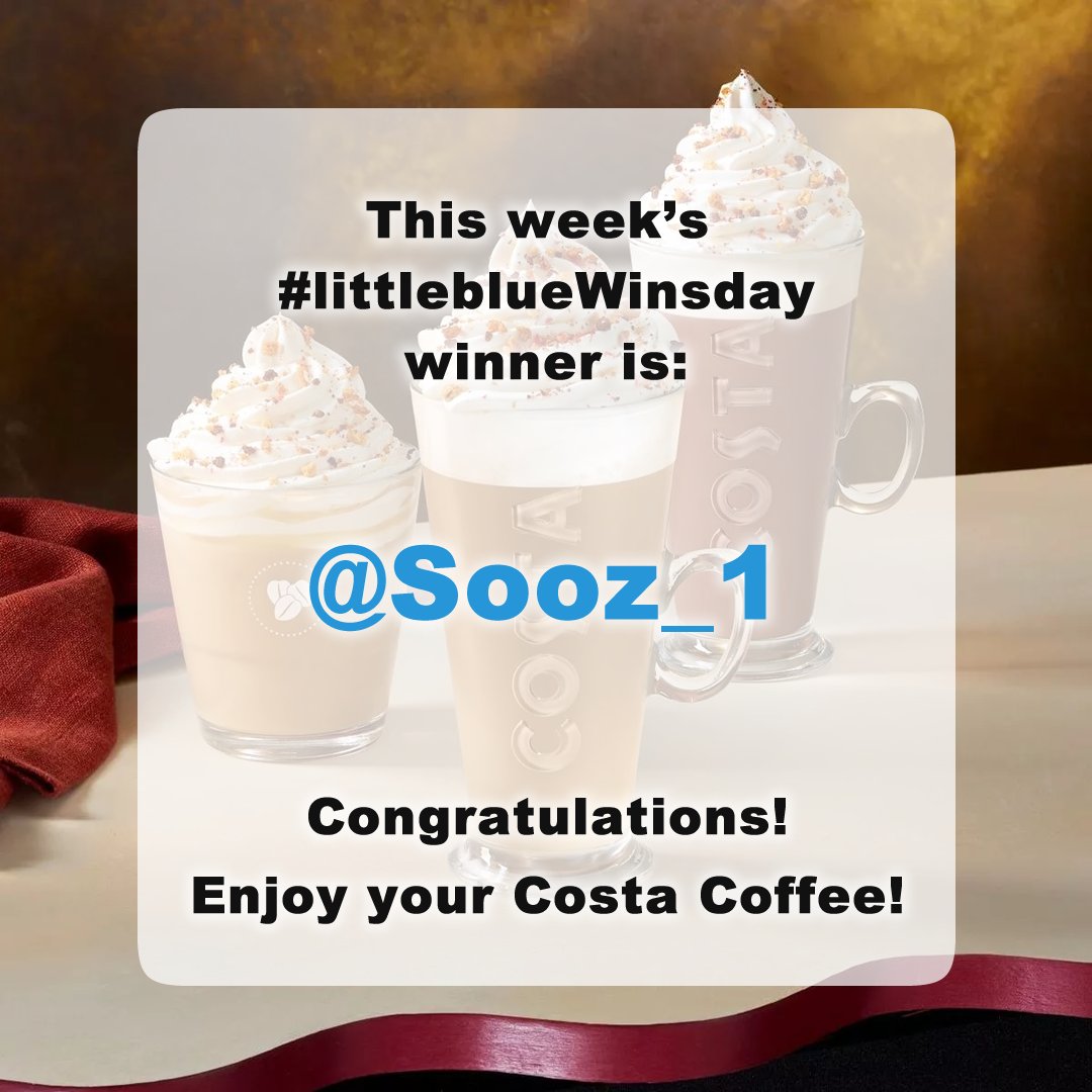 Congratulations to @Sooz_1, who has won this weeks #littleblueWinsday! 🥳 A £20 #Costa voucher is yours - we'll DM you with more details! Thanks to all those that entered - another #littleblueWinsDay coming next week! 😍 Have a great weekend all! 😊 #competition #winner