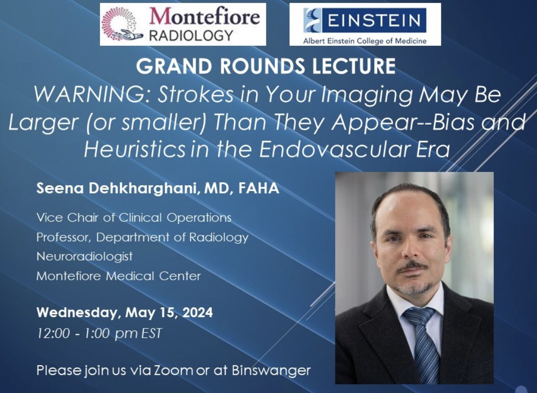 Looking forward to our next @MontefioreRAD Grand Rounds -Dr. Seena Dehkharghani, Vice Chair of Clinical Operations on “Strokes in your Imaging may be Larger or Smaller than they Appear” on Wed 5/15 at noon. @MontefioreNYC @EinsteinMed @monteinsteincrl @Monte_NIS @MonteNeurosg
