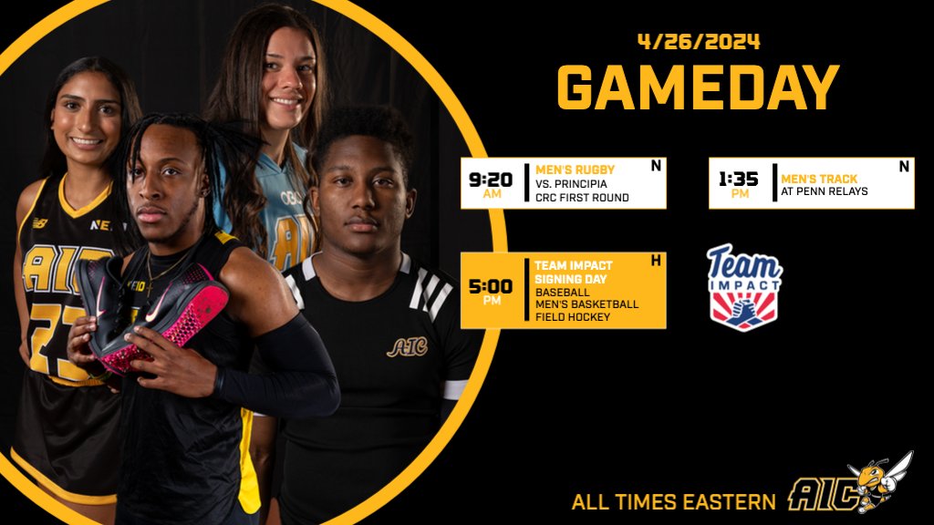 We're making an IMPACT in a big way today!

<a href="/AICrugby/">AIC Rugby</a> opens the CRCs, <a href="/AICxctf/">AIC XC and T&F</a> has 6 athletes competing at the Penn Relays, and 3 of our teams - <a href="/AIC_Baseball/">AIC Baseball</a>, <a href="/AIC_MBB/">AIC Men's Basketball</a>, and field hockey - are signing Team IMPACT matches at Butova!

@goteamimpact #AICommitted <a href="/TheNortheast10/">The NE10</a>