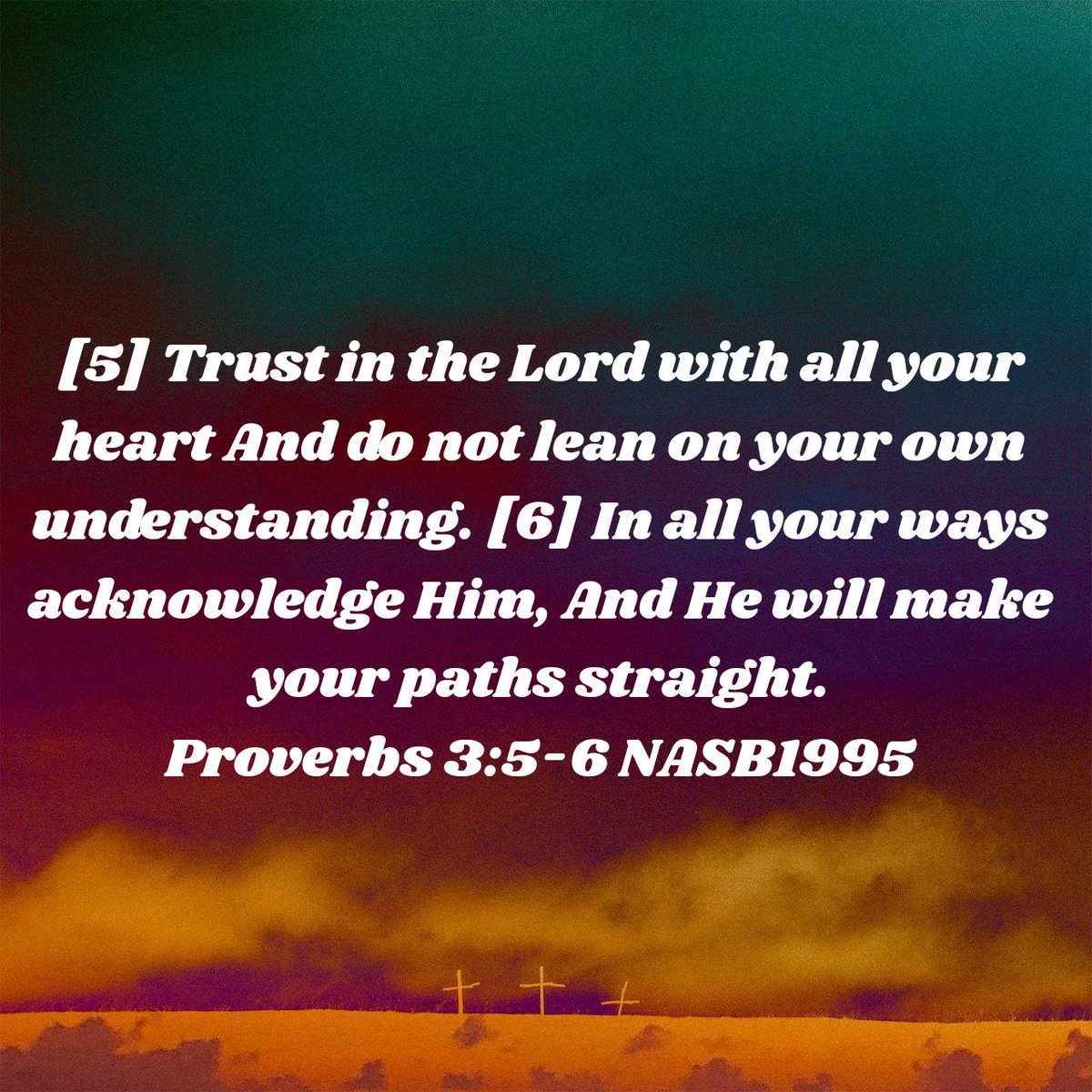 Proverbs 3:5-6 NASB1995 [5] Trust in the Lord with all your heart And do not lean on your own understanding. [6] In all your ways acknowledge Him, And He will make your paths straight. bible.com/bible/100/pro.…