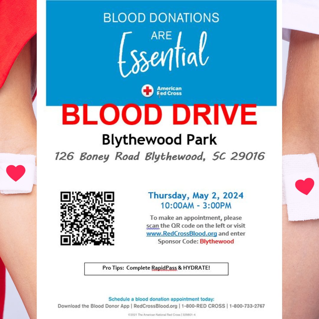 American Red Cross is having a blood drive at Blythewood Park (126 Boney Road) on Thursday, May 2nd, 2024 from 10AM-3PM. Visit the link in our bio to make an appointment!

#townofblythewood #blythewoodsc #blythewood #southcarolina #sc #americanredcross #blooddrive #blythewoodpark