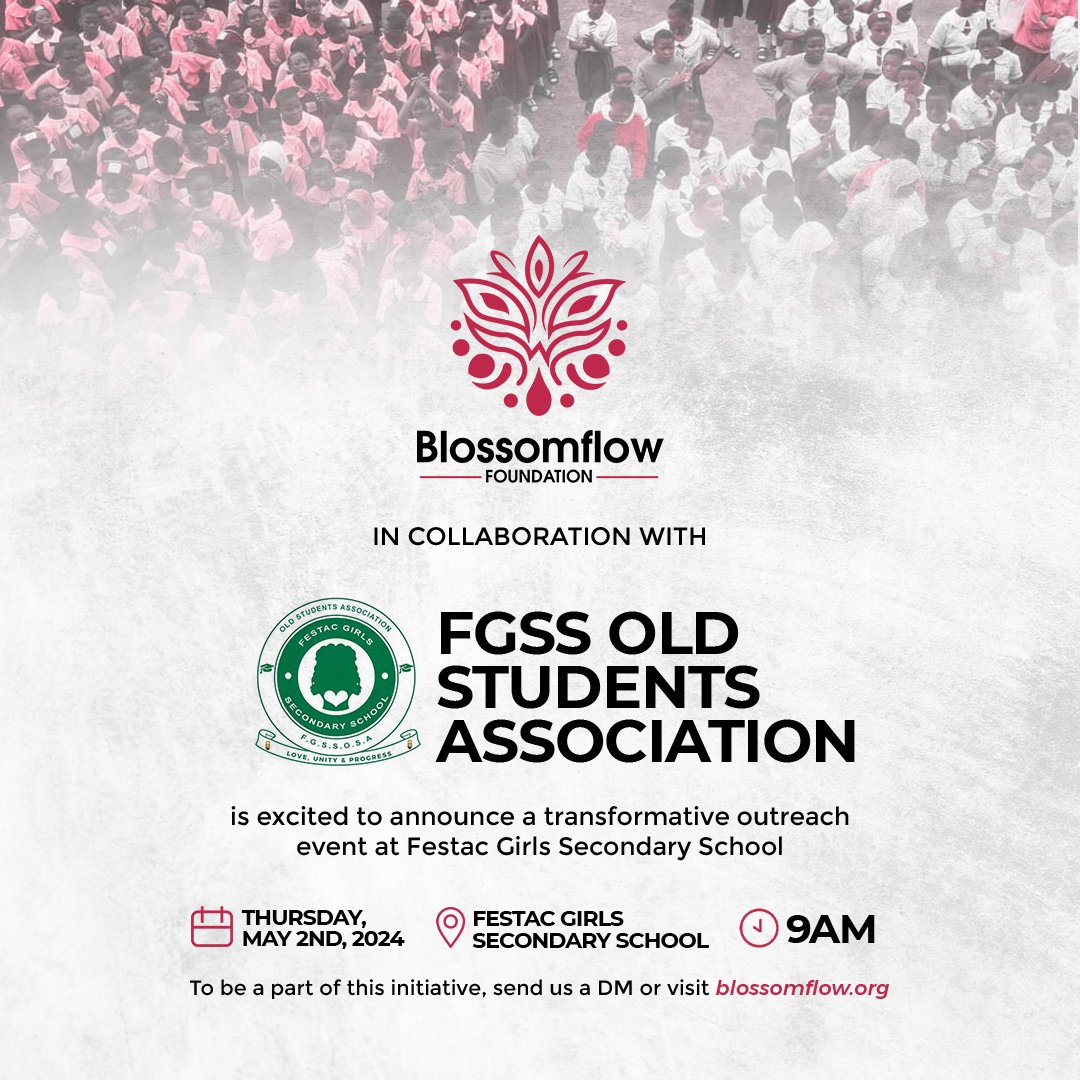 Exciting News Alert! 

Blossomflow Foundation is teaming up with the Festac Girls Secondary School Old Students Association to bring the BE HER PEACE wagon to Festac Girls Secondary School.  

See details in flyer... 

#BeHerPeace  #blossomflow #periodpoverty
