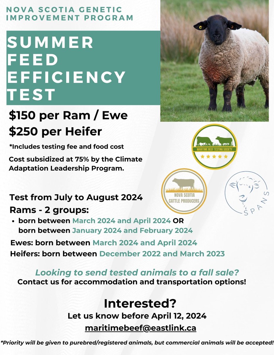 Application forms for the 2024 Summer Feed Efficiency Test, occurring this summer at the Maritime Beef Testing Society for rams, ewes and heifers (dependent on numbers), are due Friday, May 3rd. The forms, as well as additional information, can be found at ow.ly/zzzS50Rp0Mi