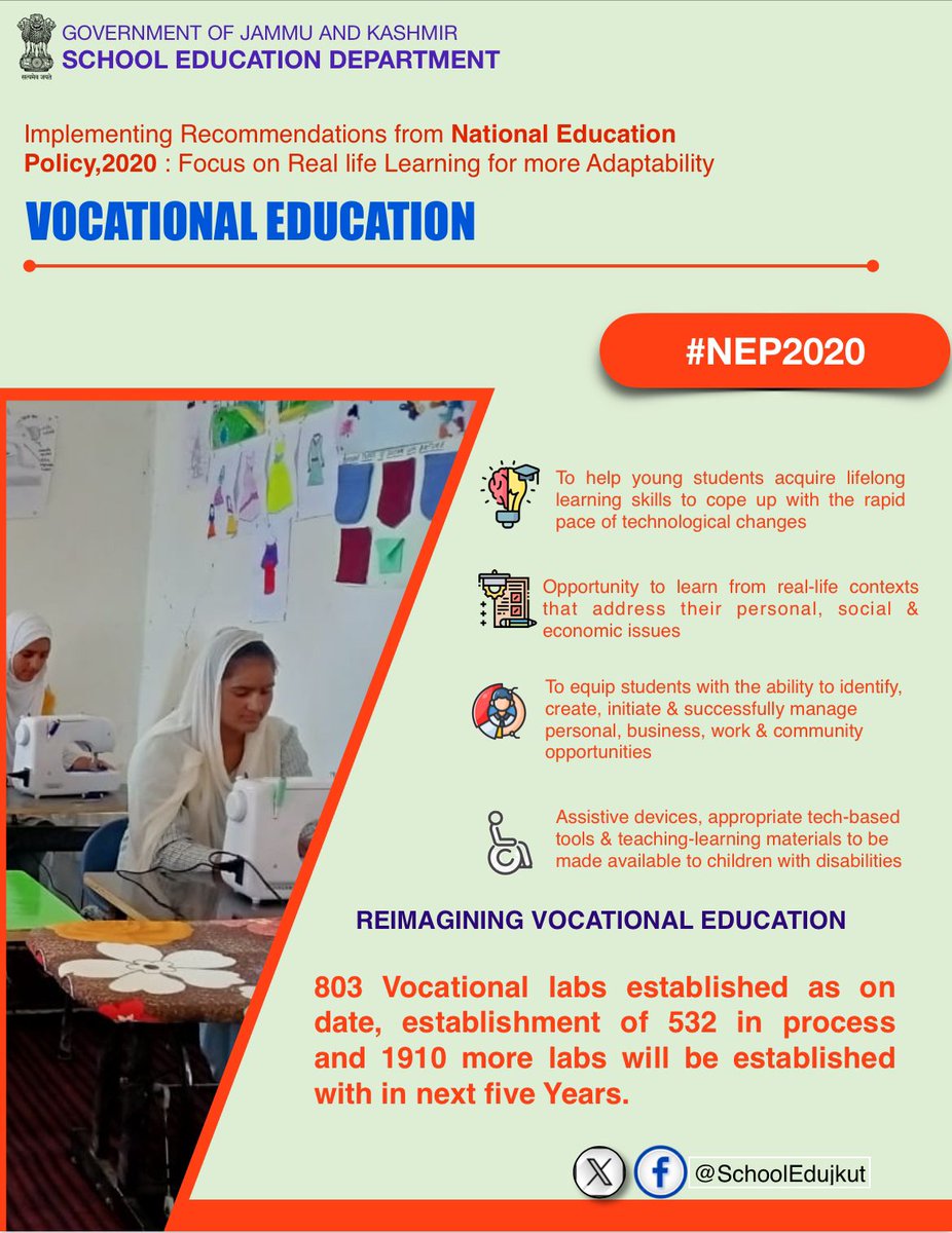 Skilling our students for a smooth #schooltowork transition is one of our goals aligning with #NEP2020. @SamagraShiksha J&K, imparting Vocational Education in 15 Trades, a unique initiative of SED, to encourage basic employability skills. 803 Vocational labs established as on…